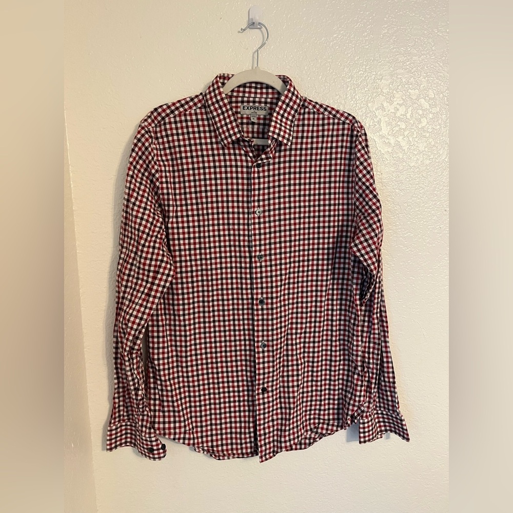 Express Men's Red and Black Plaid Shirt